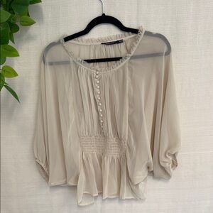 Doe & Rae Tan Pleated Smocked Blouse